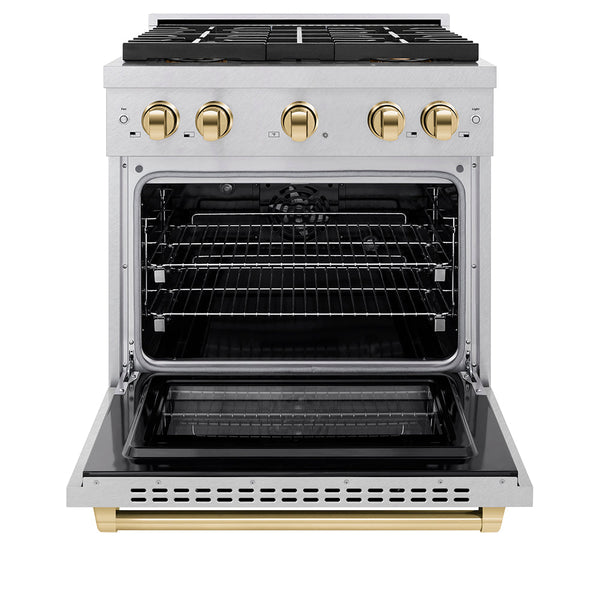 ZLINE Autograph Edition 30 in. 4.2 cu. ft. Paramount Dual Fuel Range with 4 Burner DuoPro™ Cooktop and Electric Convection Oven in Satin Stainless Steel and Polished Gold Accents (PSDRSZ-30-G)