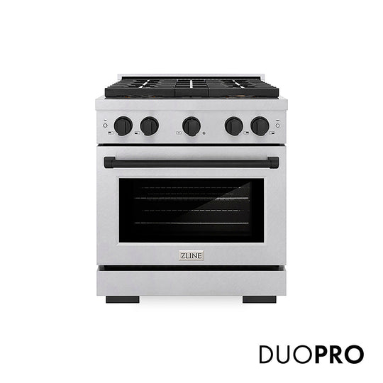ZLINE Autograph Edition 30 in. 4.2 cu. ft. Paramount Dual Fuel Range with 4 Burner DuoPro™ Cooktop and Electric Convection Oven in Satin Stainless Steel and Matte Black Accents (PSDRSZ-30-MB)