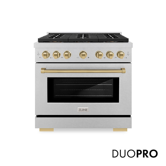 ZLINE Autograph Edition 36 in. 5.2 cu. ft. Paramount Dual Fuel Range with 6 Burner DuoPro™ Cooktop and Electric Convection Oven in Satin Stainless Steel and Champagne Bronze Accents (PSDRSZ-36-CB)