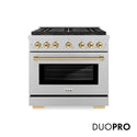 ZLINE Autograph Edition 36 in. 5.2 cu. ft. Paramount Dual Fuel Range with 6 Burner DuoPro™ Cooktop and Electric Convection Oven in Satin Stainless Steel and Polished Gold Accents (PSDRSZ-36-G)