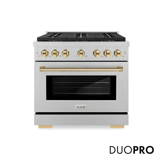 ZLINE Autograph Edition 36 in. 5.2 cu. ft. Paramount Dual Fuel Range with 6 Burner DuoPro™ Cooktop and Electric Convection Oven in Satin Stainless Steel and Polished Gold Accents (PSDRSZ-36-G)