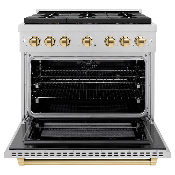 ZLINE Autograph Edition 36 in. 5.2 cu. ft. Paramount Dual Fuel Range with 6 Burner DuoPro™ Cooktop and Electric Convection Oven in Satin Stainless Steel and Polished Gold Accents (PSDRSZ-36-G)