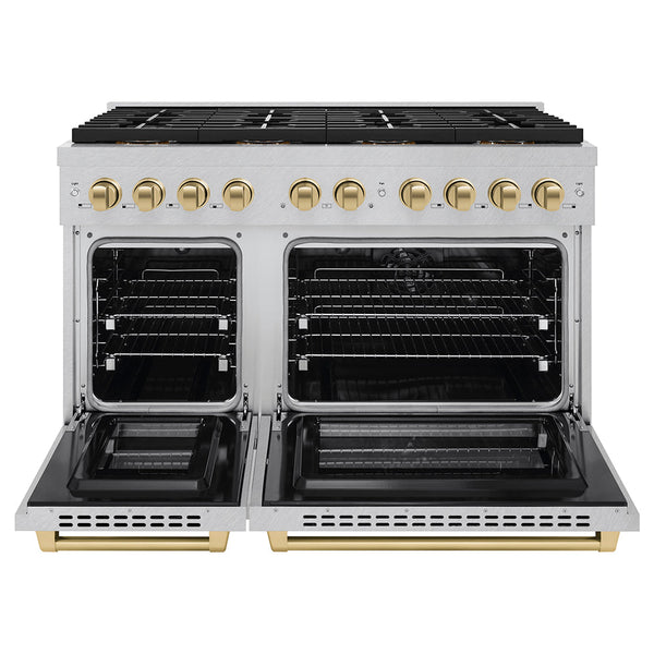 ZLINE Autograph Edition 48 in. 6.7 cu. ft. Paramount Dual Fuel Range with 8 Burner DuoPro™ Cooktop and Dual Ovens in Satin Stainless Steel and Champagne Bronze Accents (PSDRSZ-48-CB)