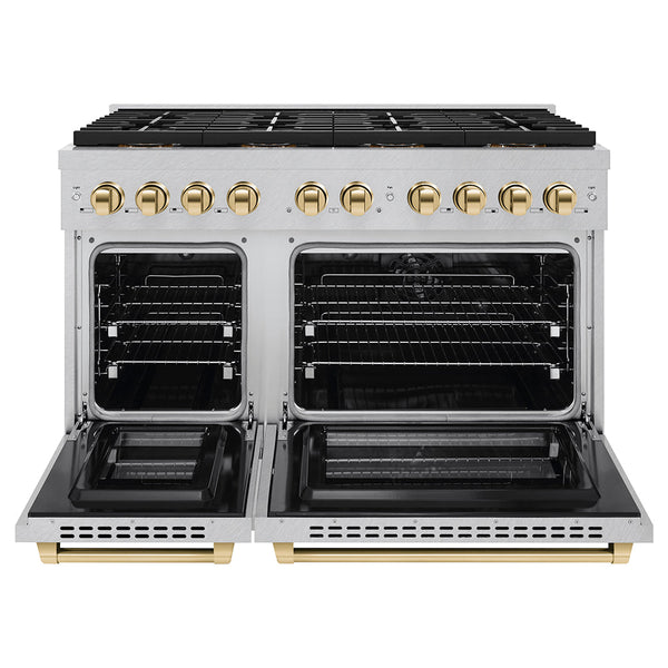 ZLINE Autograph Edition 48 in. 6.7 cu. ft. Paramount Dual Fuel Range with 8 Burner DuoPro™ Cooktop and Dual Ovens in Satin Stainless Steel and Polished Gold Accents (PSDRSZ-48-G)