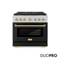 ZLINE Autograph Edition 36 in. 5.2 cu. ft. Paramount Dual Fuel Range with 6 Burner DuoPro™ Cooktop and Electric Convection Oven in Satin Stainless Steel with Black Matte Door and Polished Gold Accents (PSDRSZ-BLM36-G)