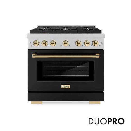 ZLINE Autograph Edition 36 in. 5.2 cu. ft. Paramount Dual Fuel Range with 6 Burner DuoPro™ Cooktop and Electric Convection Oven in Satin Stainless Steel with Black Matte Door and Polished Gold Accents (PSDRSZ-BLM36-G)