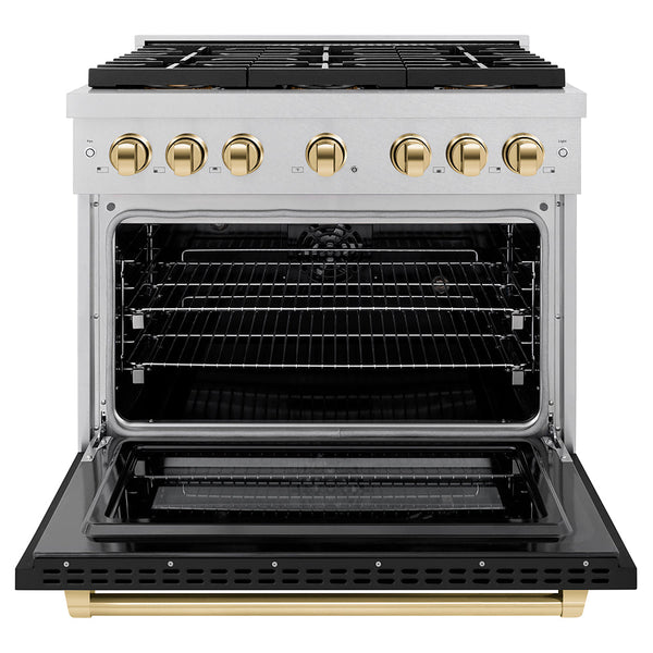ZLINE Autograph Edition 36 in. 5.2 cu. ft. Paramount Dual Fuel Range with 6 Burner DuoPro™ Cooktop and Electric Convection Oven in Satin Stainless Steel with Black Matte Door and Polished Gold Accents (PSDRSZ-BLM36-G)