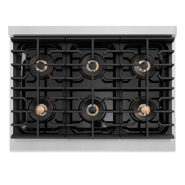 ZLINE Autograph Edition 36 in. 5.2 cu. ft. Paramount Dual Fuel Range with 6 Burner DuoPro™ Cooktop and Electric Convection Oven in Satin Stainless Steel with Black Matte Door and Polished Gold Accents (PSDRSZ-BLM36-G)