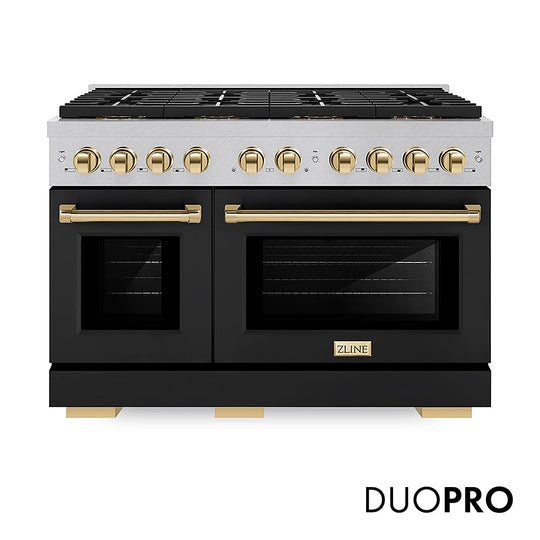 ZLINE Autograph Edition 48 in. 6.7 cu. ft. Paramount Dual Fuel Range with 8 Burner DuoPro™ Cooktop and Dual Ovens in Satin Stainless Steel with Black Matte Doors and Polished Gold Accents (PSDRSZ-BLM48-G)