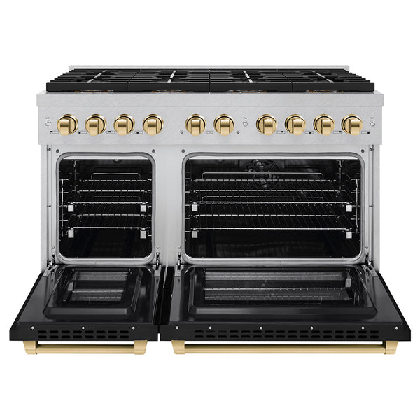 ZLINE Autograph Edition 48 in. 6.7 cu. ft. Paramount Dual Fuel Range with 8 Burner DuoPro™ Cooktop and Dual Ovens in Satin Stainless Steel with Black Matte Doors and Polished Gold Accents (PSDRSZ-BLM48-G)