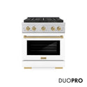 ZLINE Autograph Edition 30 in. 4.2 cu. ft. Paramount Dual Fuel Range with 4 Burner DuoPro™ Cooktop and Electric Convection Oven in Satin Stainless Steel with White Matte Door and Champagne Bronze Accents (PSDRSZ-WM-30-CB)