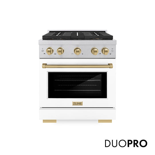 ZLINE Autograph Edition 30 in. 4.2 cu. ft. Paramount Dual Fuel Range with 4 Burner DuoPro™ Cooktop and Electric Convection Oven in Satin Stainless Steel with White Matte Door and Champagne Bronze Accents (PSDRSZ-WM-30-CB)