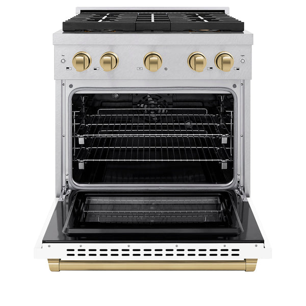 ZLINE Autograph Edition 30 in. 4.2 cu. ft. Paramount Dual Fuel Range with 4 Burner DuoPro™ Cooktop and Electric Convection Oven in Satin Stainless Steel with White Matte Door and Champagne Bronze Accents (PSDRSZ-WM-30-CB)