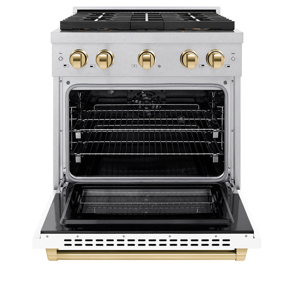 ZLINE Autograph Edition 30 in. 4.2 cu. ft. Paramount Dual Fuel Range with 4 Burner DuoPro™ Cooktop and Electric Convection Oven in Satin Stainless Steel with White Matte Door and Polished Gold Accents (PSDRSZ-WM-30-G)