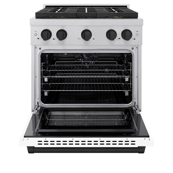ZLINE Autograph Edition 30 in. 4.2 cu. ft. Paramount Dual Fuel Range with 4 Burner DuoPro™ Cooktop and Electric Convection Oven in Satin Stainless Steel with White Matte Door and Matte Black Accents (PSDRSZ-WM-30-MB)