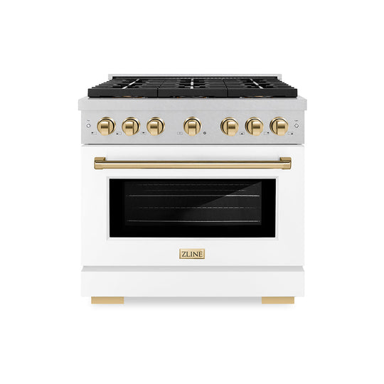 ZLINE Autograph Edition 36 in. 5.2 cu. ft. Paramount Dual Fuel Range with 6 Burner DuoPro™ Cooktop and Electric Convection Oven in Satin Stainless Steel with White Matte Door and Polished Gold Accents (PSDRSZ-WM-36-G)