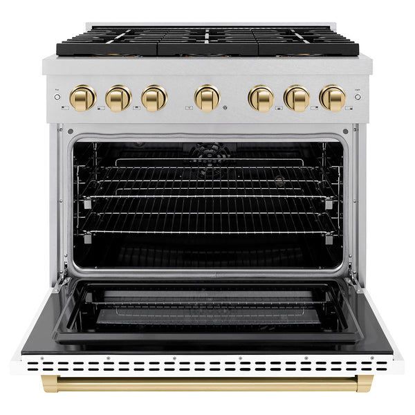 ZLINE Autograph Edition 36 in. 5.2 cu. ft. Paramount Dual Fuel Range with 6 Burner DuoPro™ Cooktop and Electric Convection Oven in Satin Stainless Steel with White Matte Door and Polished Gold Accents (PSDRSZ-WM-36-G)