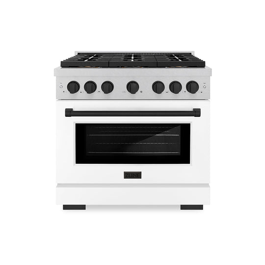 ZLINE Autograph Edition 36 in. 5.2 cu. ft. Paramount Dual Fuel Range with 6 Burner DuoPro™ Cooktop and Electric Convection Oven in Satin Stainless Steel with White Matte Door and Matte Black Accents (PSDRSZ-WM-36-MB)