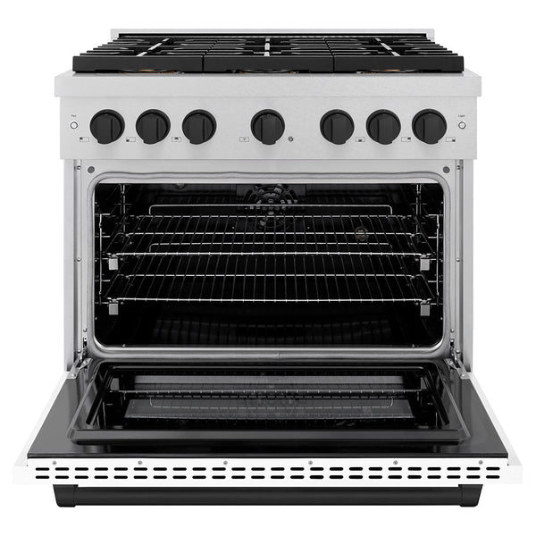 ZLINE Autograph Edition 36 in. 5.2 cu. ft. Paramount Dual Fuel Range with 6 Burner DuoPro™ Cooktop and Electric Convection Oven in Satin Stainless Steel with White Matte Door and Matte Black Accents (PSDRSZ-WM-36-MB)