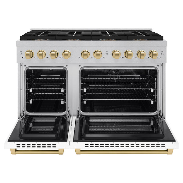 ZLINE Autograph Edition 48 in. 6.7 cu. ft. Paramount Dual Fuel Range with 8 Burner DuoPro™ Cooktop and Dual Ovens in Satin Stainless Steel with White Matte Doors and Champagne Bronze Accents (PSDRSZ-WM-48-CB)