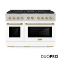 ZLINE Autograph Edition 48 in. 6.7 cu. ft. Paramount Dual Fuel Range with 8 Burner DuoPro™ Cooktop and Dual Ovens in Satin Stainless Steel with White Matte Doors and Champagne Bronze Accents (PSDRSZ-WM-48-CB)