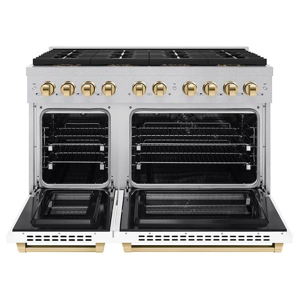 ZLINE Autograph Edition 48 in. 6.7 cu. ft. Paramount Dual Fuel Range with 8 Burner DuoPro™ Cooktop and Dual Ovens in Satin Stainless Steel with White Matte Doors and Polished Gold Accents (PSDRSZ-WM-48-G)