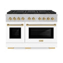 ZLINE Autograph Edition 48 in. 6.7 cu. ft. Paramount Dual Fuel Range with 8 Burner DuoPro™ Cooktop and Dual Ovens in Satin Stainless Steel with White Matte Doors and Polished Gold Accents (PSDRSZ-WM-48-G)
