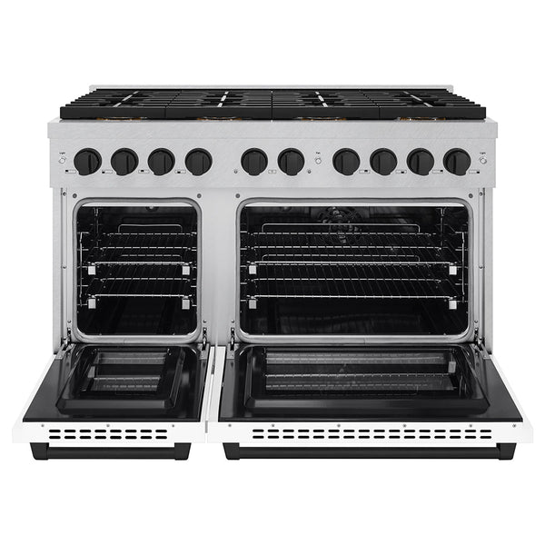 ZLINE Autograph Edition 48 in. 6.7 cu. ft. Paramount Dual Fuel Range with 8 Burner DuoPro™ Cooktop and Dual Ovens in Satin Stainless Steel with White Matte Doors and Matte Black Accents (PSDRSZ-WM-48-MB)