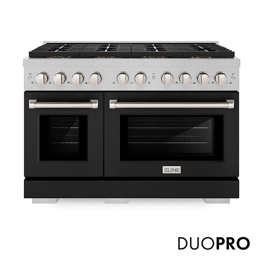 ZLINE 48 in. 6.7 cu. ft. Paramount Dual Fuel Range with 8 Burner DuoPro™ Cooktop and Dual Ovens in Satin Stainless Steel with Black Matte Doors (PSDRS-BLM-48)