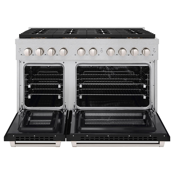 ZLINE 48 in. 6.7 cu. ft. Paramount Dual Fuel Range with 8 Burner DuoPro™ Cooktop and Dual Ovens in Satin Stainless Steel with Black Matte Doors (PSDRS-BLM-48)