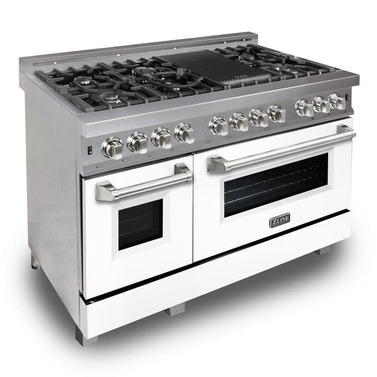 ZLINE 48 in. 6.0 cu. ft. Legacy Dual Fuel Range with 7 Burner Gas Cooktop and 2 Electric Ovens in Satin Stainless Steel and White Matte Doors (RAS-WM-48)