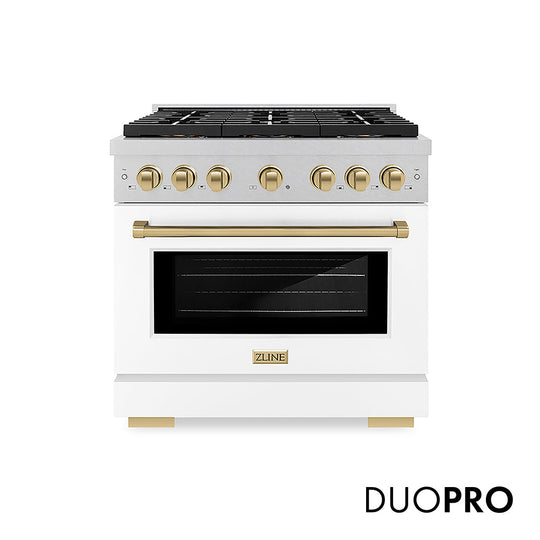 ZLINE Autograph Edition 36 in. 5.2 cu. ft. Paramount Dual Fuel Range with 6 Burner DuoPro™ Cooktop and Electric Convection Oven in Satin Stainless Steel with White Matte Door and Champagne Bronze Accents (PSDRSZ-WM-36-CB)