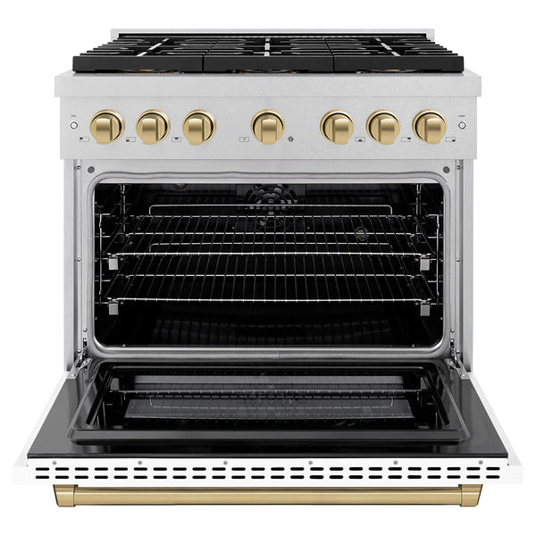 ZLINE Autograph Edition 36 in. 5.2 cu. ft. Paramount Dual Fuel Range with 6 Burner DuoPro™ Cooktop and Electric Convection Oven in Satin Stainless Steel with White Matte Door and Champagne Bronze Accents (PSDRSZ-WM-36-CB)