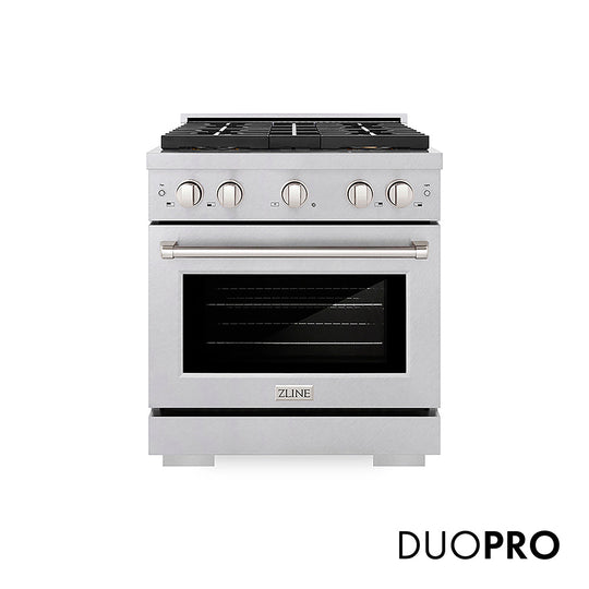 ZLINE 30 in. 4.2 cu. ft. Paramount Gas Range with 4 Burner DuoPro™ Cooktop and Convection Gas Oven in Satin Stainless Steel (PSGRS-30)