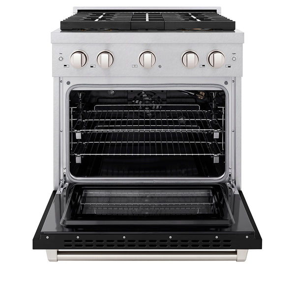 ZLINE 30 in. 4.2 cu. ft. Paramount Gas Range with 4 Burner DuoPro™ Cooktop and Convection Gas Oven in Satin Stainless Steel with Black Matte Door (PSGRS-BLM-30)