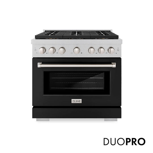 ZLINE 36 in. 5.2 cu. ft. Paramount Gas Range with 6 Burner DuoPro™ Cooktop and Convection Gas Oven in Satin Stainless Steel with Black Matte Door (PSGRS-BLM-36)