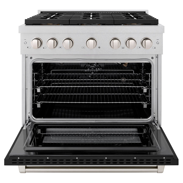ZLINE 36 in. 5.2 cu. ft. Paramount Gas Range with 6 Burner DuoPro™ Cooktop and Convection Gas Oven in Satin Stainless Steel with Black Matte Door (PSGRS-BLM-36)