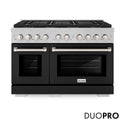 ZLINE 48 in. 6.7 cu. ft. Paramount Gas Range with 8 Burner DuoPro™ Cooktop and Dual Ovens in Satin Stainless Steel with Black Matte Doors (PSGRS-BLM-48)