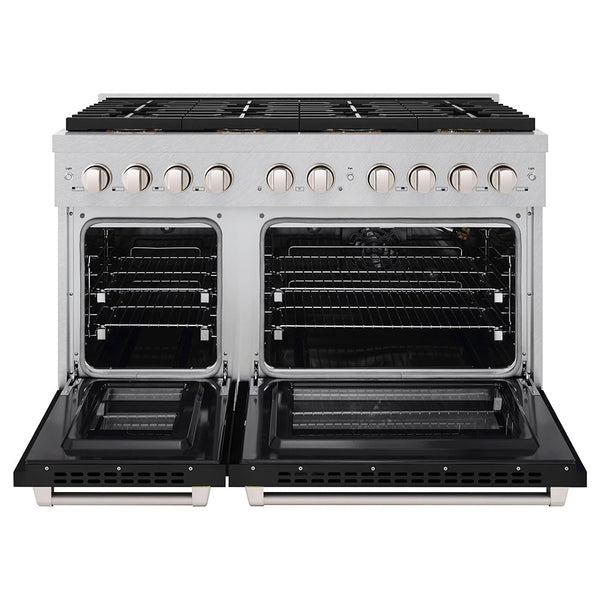 ZLINE 48 in. 6.7 cu. ft. Paramount Gas Range with 8 Burner DuoPro™ Cooktop and Dual Ovens in Satin Stainless Steel with Black Matte Doors (PSGRS-BLM-48)