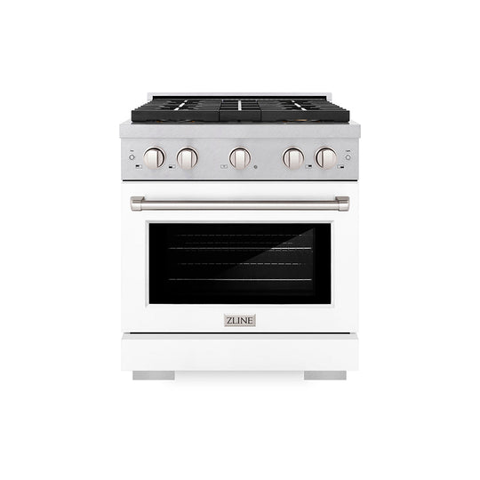 ZLINE 30 in. 4.2 cu. ft. Paramount Gas Range with 4 Burner DuoPro™ Cooktop and Convection Gas Oven in Satin Stainless Steel with White Matte Door (PSGRS-WM-30)