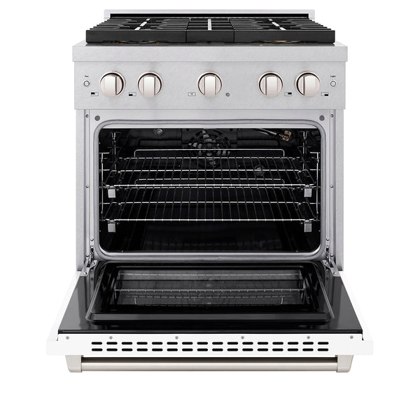 ZLINE 30 in. 4.2 cu. ft. Paramount Gas Range with 4 Burner DuoPro™ Cooktop and Convection Gas Oven in Satin Stainless Steel with White Matte Door (PSGRS-WM-30)