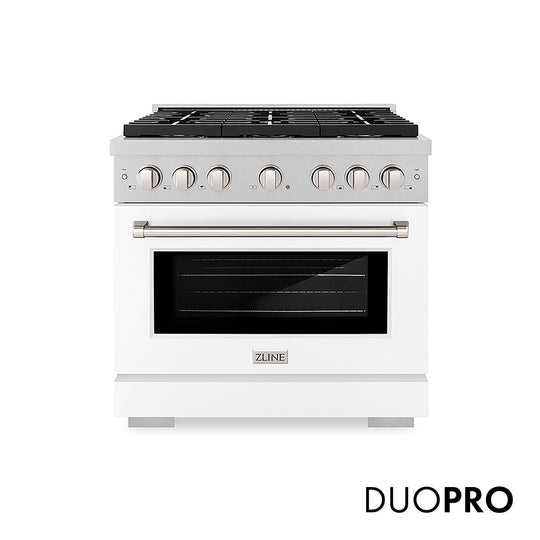 ZLINE 36 in. 5.2 cu. ft. Paramount Gas Range with 6 Burner DuoPro™ Cooktop and Convection Gas Oven in Satin Stainless Steel with White Matte Door (PSGRS-WM-36)