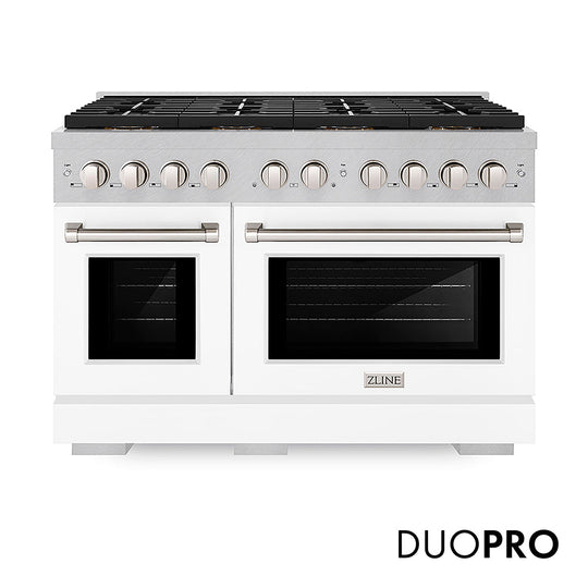 ZLINE 48 in. 6.7 cu. ft. Paramount Gas Range with 8 Burner DuoPro™ Cooktop and Dual Ovens in Satin Stainless Steel with White Matte Doors (PSGRS-WM-48)