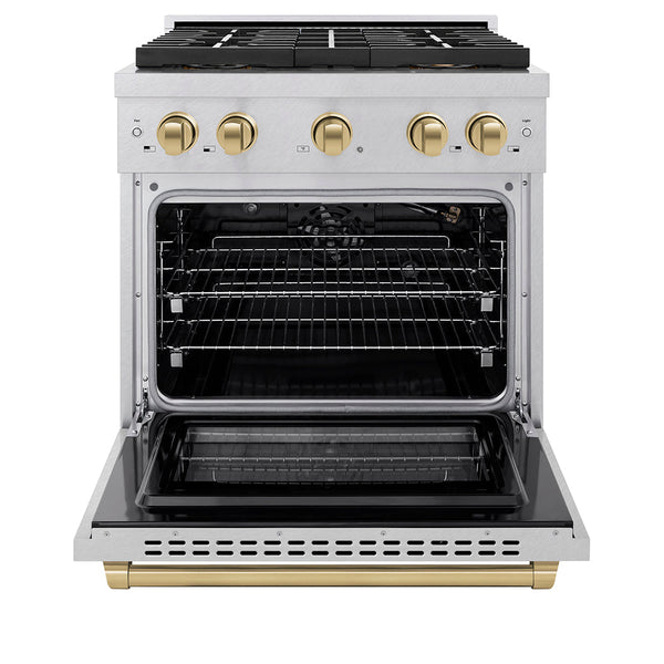 ZLINE Autograph Edition 30 in. 4.2 cu. ft. Paramount Gas Range with 4 Burner DuoPro™ Cooktop and Convection Gas Oven in Satin Stainless Steel and Champagne Bronze Accents (PSGRSZ-30-CB)