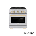 ZLINE Autograph Edition 30 in. 4.2 cu. ft. Paramount Gas Range with 4 Burner DuoPro™ Cooktop and Convection Gas Oven in Satin Stainless Steel and Polished Gold Accents (PSGRSZ-30-G)