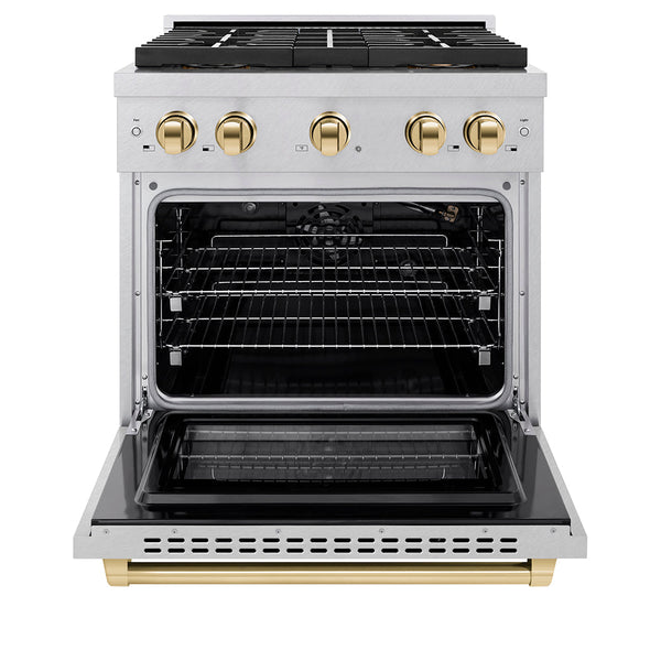 ZLINE Autograph Edition 30 in. 4.2 cu. ft. Paramount Gas Range with 4 Burner DuoPro™ Cooktop and Convection Gas Oven in Satin Stainless Steel and Polished Gold Accents (PSGRSZ-30-G)