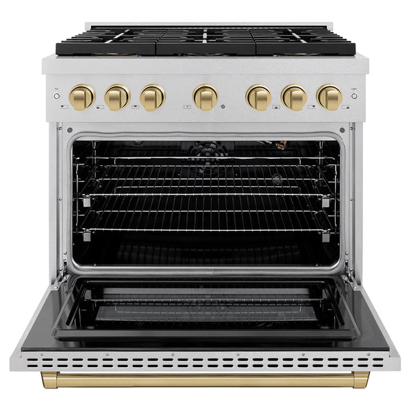 ZLINE Autograph Edition 36 in. 5.2 cu. ft. Paramount Gas Range with 6 Burner DuoPro™ Cooktop and Convection Gas Oven in Satin Stainless Steel and Champagne Bronze Accents (PSGRSZ-36-CB)