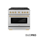 ZLINE Autograph Edition 36 in. 5.2 cu. ft. Paramount Gas Range with 6 Burner DuoPro™ Cooktop and Convection Gas Oven in Satin Stainless Steel and Champagne Bronze Accents (PSGRSZ-36-CB)