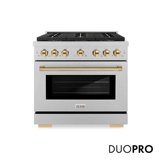 ZLINE Autograph Edition 36 in. 5.2 cu. ft. Paramount Gas Range with 6 Burner DuoPro™ Cooktop and Convection Gas Oven in Satin Stainless Steel and Champagne Bronze Accents (PSGRSZ-36-CB)