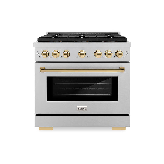 ZLINE Autograph Edition 36 in. 5.2 cu. ft. Paramount Gas Range with 6 Burner DuoPro™ Cooktop and Convection Gas Oven in Satin Stainless Steel and Polished Gold Accents (PSGRSZ-36-G)